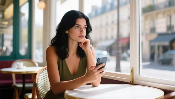 Jeune femme assise dans un café parisien, tenant un smartphone, expression réfléchie, lumière naturelle traversant la fenêtre