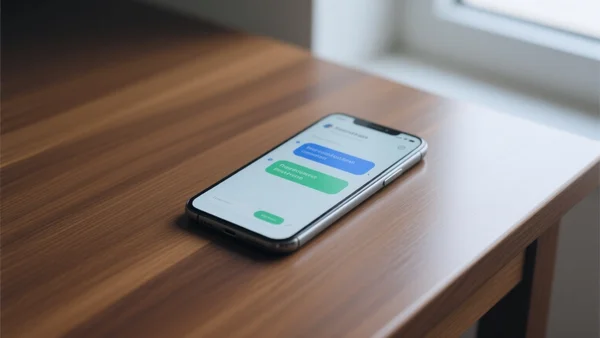 Smartphone posé sur une table, écran affichant une interface de chat psychologique minimaliste, tons doux bleus et verts, lumière naturelle tamisée