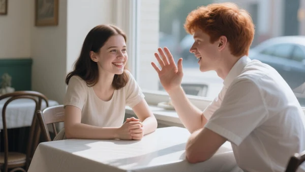 Groupe de jeunes catholiques discutant autour d'une table de café, sourires et regards animés, lumière naturelle de fin d'après-midi