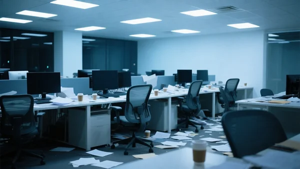 Un bureau de startup en désordre, écrans éteints, chaises vides, dossier éparpillés, lumière froide d'un open space abandonné