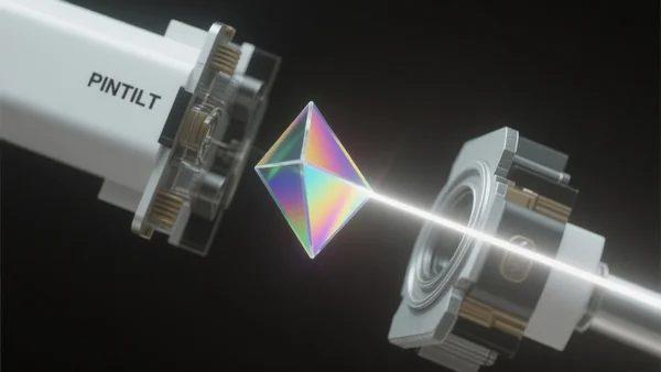 Schéma simplifié en vue éclatée d'un module optique PinTILT avec faisceau lumineux traversant un prisme et se reflétant à l'intérieur du verre, fond sombre, lumières colorées