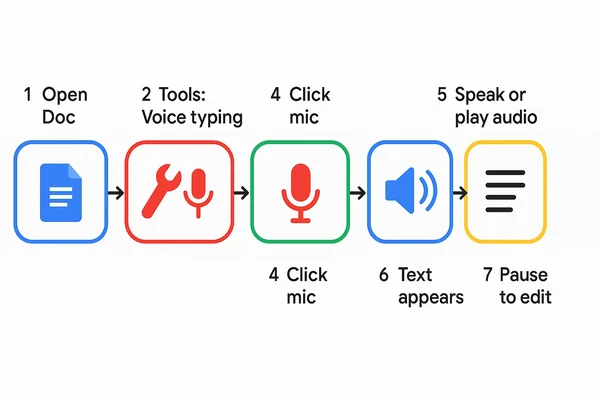 Infographie illustrant le processus d'activation de la saisie vocale dans Google Docs.