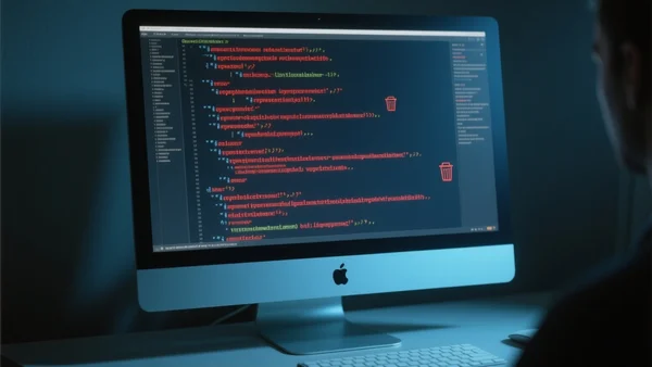 Terminal d'ordinateur avec des lignes de commande défilant rapidement, des messages d'erreur rouges et des icônes de suppression, éclairage tamisé bleuté, ambiance de panique numérique