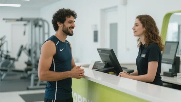 Homme souriant en tenue de sport, parlant calmement avec un employé derrière le comptoir d'une salle de sport lumineuse