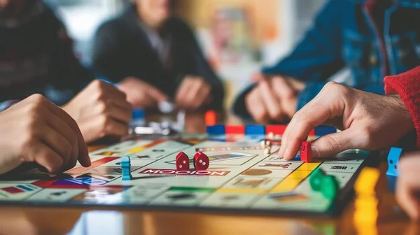 Un groupe d'amis joue à un jeu de société ensemble, ils s'amusent beaucoup, rient et parlent, le jeu est un Monopoly | Image générée par IA Premium.