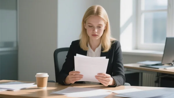 Jeune employé lisant un document sur un bureau, tasse de café à côté, lumière naturelle de bureau