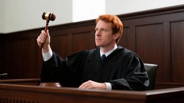 Juge en robe noire assis dans un tribunal américain, marteau en bois levé, boiseries sombres derrière lui, lumière crue