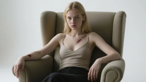 Jeune femme aux cheveux blonds, cicatrice visible sur la main gauche et le thorax, assise dans un fauteuil de salon, lumière douce, expression grave mais déterminée