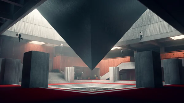 Environnement emblématique de Control : la pyramide inversée et l'architecture brutaliste qui définissent l'identité visuelle du jeu.