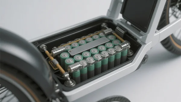 Gros plan sur une batterie de vélo électrique ouverte montrant des cellules lithium-ion alignées, connecteurs métalliques, fond gris neutre, éclairage net de studio