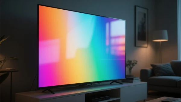 Gros plan sur un écran de télévision affichant des couleurs vives et saturées, avec des reflets de lumière sur la surface, dans un salon moderne faiblement éclairé