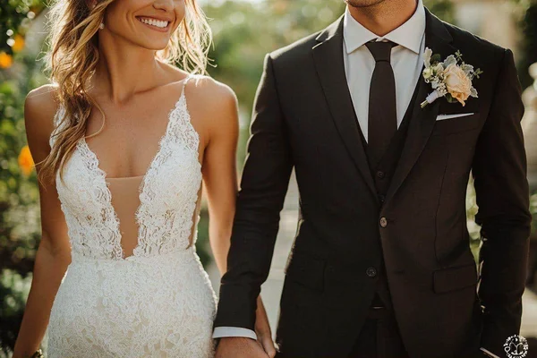 Louane et Florian Rossi main dans la main, elle en robe de dentelle blanche, lui en costume noir.