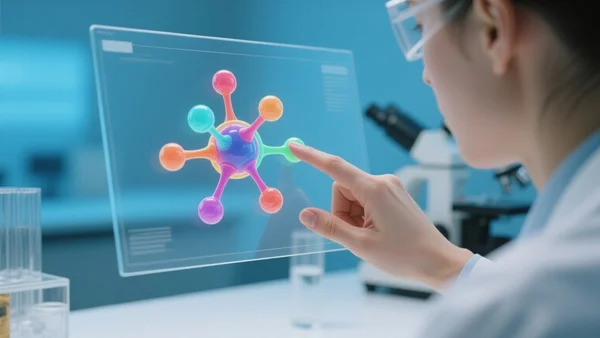 Gros plan sur une main de chercheur touchant un écran translucide affichant une molécule en 3D colorée, laboratoire moderne à la lumière bleutée
