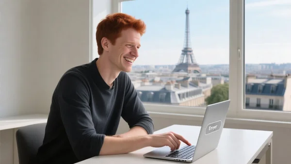 Un fondateur français souriant appuyant sur le bouton 'Envoyer' de son ordinateur portable, dans un bureau lumineux avec une vue sur Paris, ambiance de soulagement et de détermination