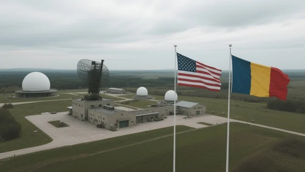Base militaire de Deveselu en Roumanie, vue aérienne d'un site de défense antimissile américain, drapeau des États-Unis et de la Roumanie flottant côte à côte, ciel nuageux