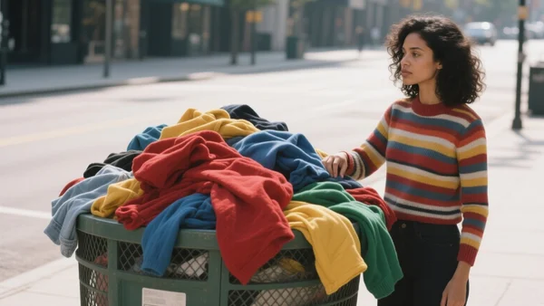 Montagne de vêtements usagés colorés débordant d'une borne de collecte textile en extérieur, lumière naturelle du jour, rue piétonne