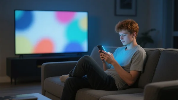 Un salon moderne et sombre où un grand écran de télévision diffuse un programme flou, tandis qu'un jeune adulte assis sur le canapé ignore la télé pour regarder intensément l'écran lumineux de son smartphone