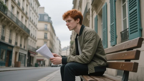 Jeune homme assis sur un banc dans une rue de ville française, regard pensif, tenant un CV plié, ciel gris et immeubles en arrière-plan
