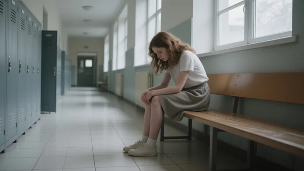 Une adolescente assise seule sur un banc dans un couloir d'école vide, lumière froide et grise, tête baissée, mains croisées sur les genoux, ambiance de détresse silencieuse