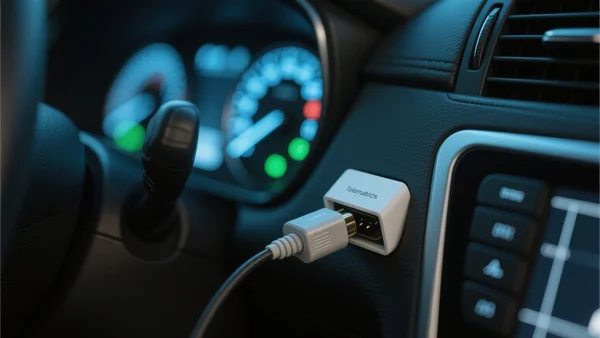 Boîtier télématique branché sur la prise diagnostic d'une voiture, tableau de bord avec indicateurs, ambiance high-tech tamisée
