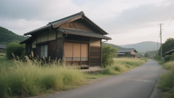 Rue déserte d'un village rural japonais avec une maison traditionnelle en bois aux volets clos, herbes hautes et ciel nuageux, ambiance mélancolique