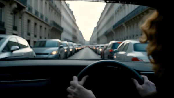 Embouteillage de voitures dans une rue étroite de Lyon, pare-chocs contre pare-chocs, immeubles haussmanniens en arrière-plan, conducteur au volant visible, lumière grise de fin d'après-midi