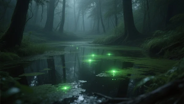 Lueur verdâtre flottant au-dessus d'une zone humide en forêt, reflets sur une surface d'eau stagnante, sous-bois sombre et tamisé