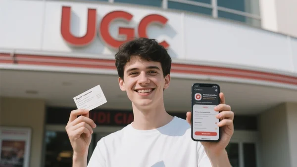 Jeune homme souriant tenant un billet de cinéma et un smartphone avec une application d'abonnement ouverte, devant une façade de cinéma UGC, lumière du jour