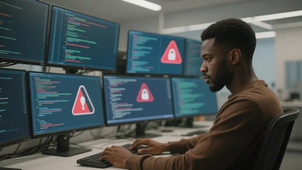 Un technicien en cybersécurité assis devant plusieurs écrans affichant des lignes de code et des alertes de sécurité, dans un bureau moderne avec un éclairage tamisé