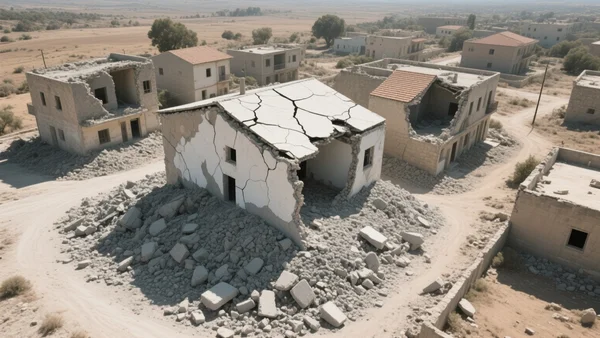 Vue aérienne d'un village du Sud-Liban avec des bâtiments effondrés, toits crevassés, murs éventrés, décombres grises au milieu de terres arides et poussiéreuses, lumière crue de midi
