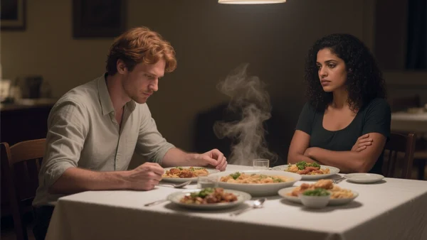 Famille nombreuse attablée dans une salle à manger chaleureuse, ambiance tendue entre certains convives, lumière tamisée, nappe blanche et plats fumants