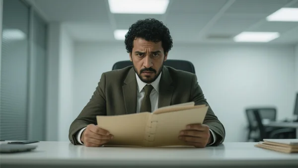 Portrait d'un homme en costume assis à un bureau, dossier ouvert devant lui, lumière froide de bureau, expression tendue et déterminée