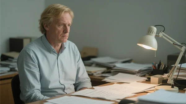 Portrait d'un homme d'âge moyen assis à un bureau en désordre, regard perdu, plusieurs feuilles manuscrites éparpillées devant lui, lumière tamisée de lampe de bureau