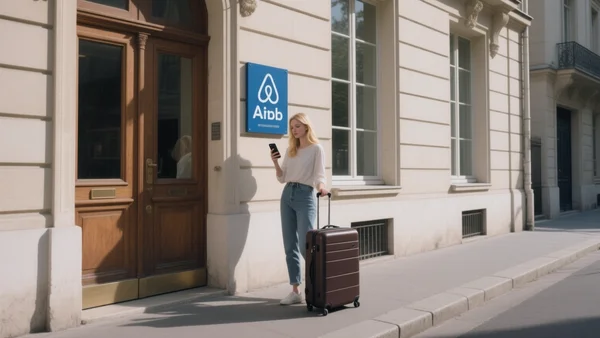 Façade d'un immeuble parisien avec un panneau Airbnb et une valise posée sur le trottoir, lumière de fin d'après-midi