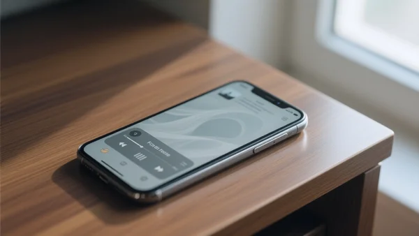 Un smartphone posé sur un bureau, écran affichant une application audio disparue, fond d'écran flou, lumière naturelle de fenêtre