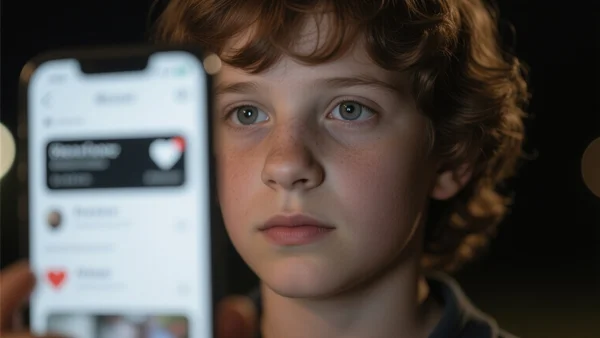 Gros plan sur une interface d'application avec des notifications et des likes, reflet sur un visage d'adolescent, ambiance nocturne