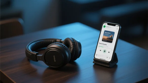 Casque audio posé sur une table à côté d'un smartphone affichant l'interface de Spotify, lumière tamisée bleutée