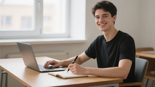 Jeune locataire souriant assis à son bureau avec un ordinateur portable, un carnet de notes et un stylo, lumière naturelle du jour, décoration intérieure moderne et chaleureuse