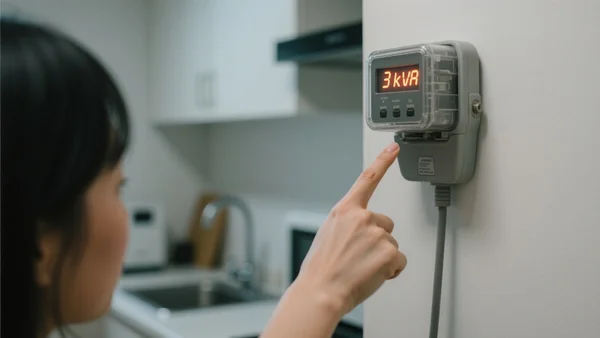 Compteur électrique numérique affichant 3 kVA, main pointant l'écran, fond flou d'une petite cuisine de studio