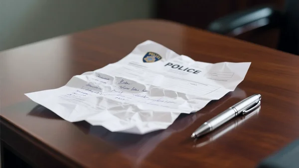 Procès-verbal de police froissé et annoté, posé sur une table en bois, stylo à côté, éclairage tamisé jaunâtre