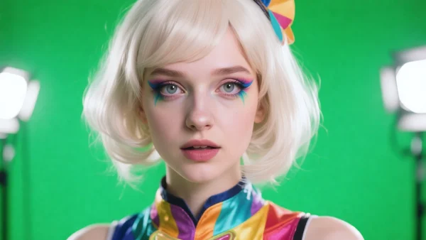Une jeune femme en costume de cosplay coloré devant un fond vert, maquillage élaboré et perruque, projecteurs de studio, gros plan sur son visage expressif