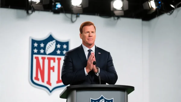Roger Goodell en costume sur un podium NFL, mains jointes, logo de la ligue en arrière-plan, projecteurs de salle de presse