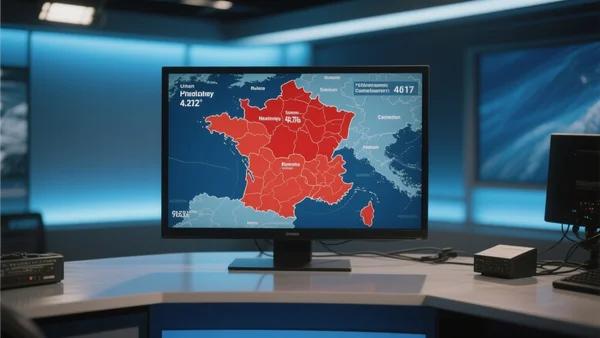 Carte météo de la France recouverte d'une large zone rouge vif indiquant un dôme de chaleur, vue sur écran de télévision dans un studio de journal télévisé, lumière bleutée du plateau
