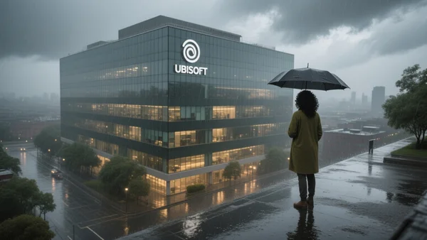 Vue plongeante sur un immeuble de bureaux moderne avec le logo Ubisoft sur la façade, ciel gris et pluie battante, reflets sur le bitume mouillé