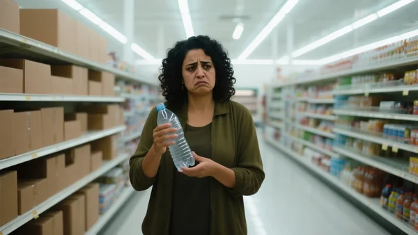 Rayon de supermarché californien avec des produits emballés dans du carton brun et du verre, une cliente mécontente tenant une bouteille en plastique vide, néons blancs et allée large