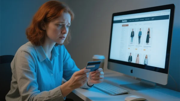 Mains tenant une carte de crédit devant un écran d'ordinateur affichant un site de shopping, tasse de café à côté, expression hésitante, éclairage bleuté de l'écran