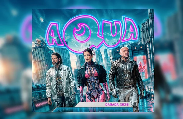 Affiche promotionnelle pour la tournée canadienne 2025 d'Aqua, dans un style cyberpunk.
