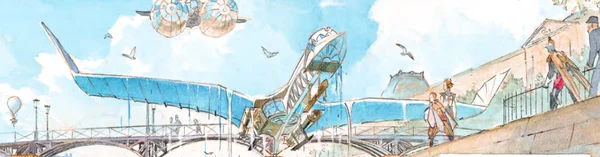 Illustration aquarelle d'Alex Alice : un biplan bleu accidenté sur un pont, ambiance steampunk.