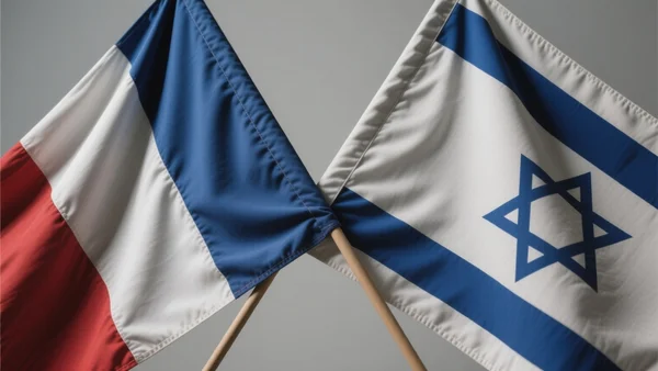 Vue rapprochée d'un drapeau français et d'un drapeau israélien croisés sur un fond neutre, avec un éclairage dramatique créant un fort contraste d'ombres