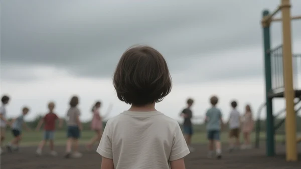 Enfant seul dans une cour de récréation, dos tourné, regardant au loin, autres enfants jouant en groupe flous à l'arrière-plan, ciel gris, ambiance mélancolique